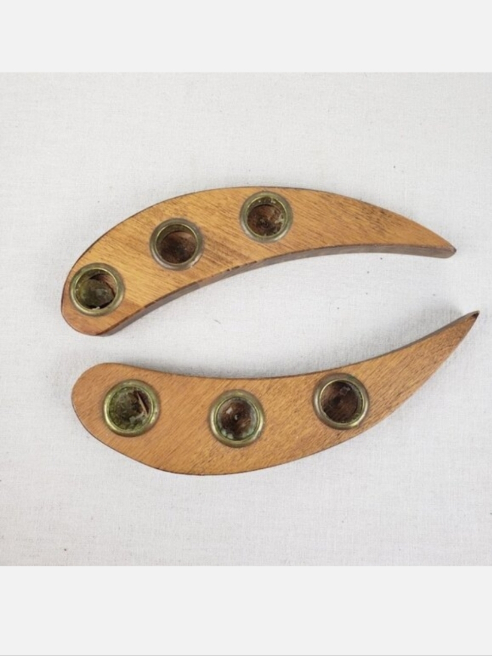 Weston Bowl Mill Pair Wood Brass Tear Drop Mid Century Candle Stick Holders